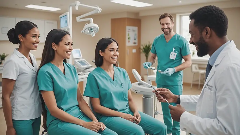 A diverse group of patients and dental professionals interacting in a modern dental clinic, showcasing a welcoming atmosphere with advanced equipment and friendly smiles.