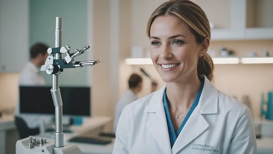 A dental professional in a lab coat examines orthodontic tools and models in a modern orthodontics clinic.