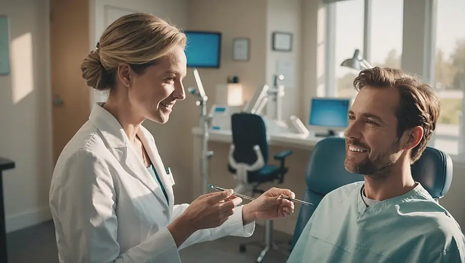A customer consults with a professional in a bright dental office, discussing options for cosmetic dentistry while examining treatment plans and before-and-after photos.