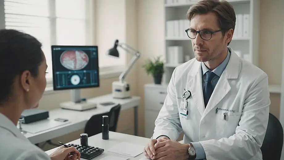 A dermatologist in a white coat examines a patient's skin during a consultation at a dermatology clinic, discussing treatment options while surrounded by medical equipment.