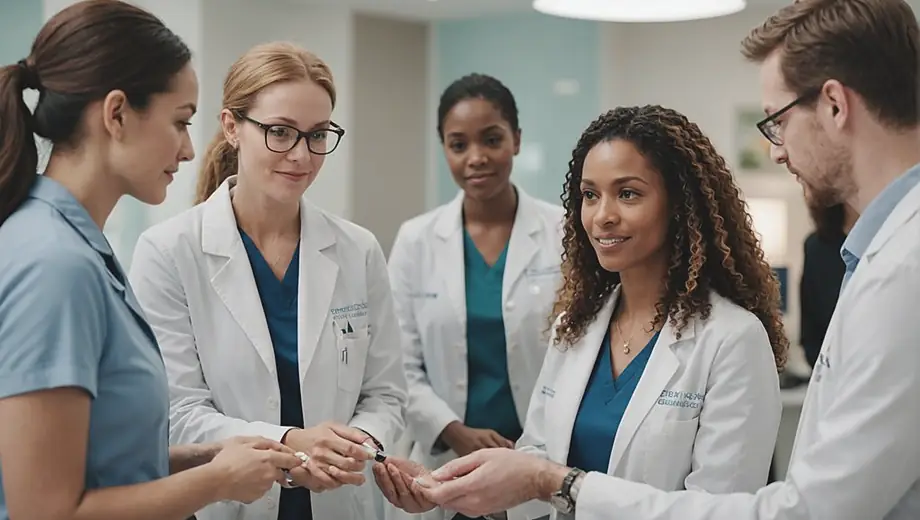 A diverse group of patients and dermatologists interact in a modern dermatology clinic, discussing skin care treatments and examining skin conditions in a welcoming environment.