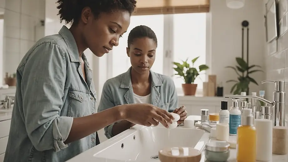 A person applying skin care products in a bright, well-lit bathroom, surrounded by various skincare items on the countertop.