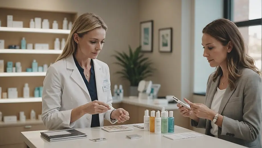 A customer consults with a professional in a bright, modern cosmetic dermatology clinic, discussing treatment options while examining skin care products displayed on a counter.