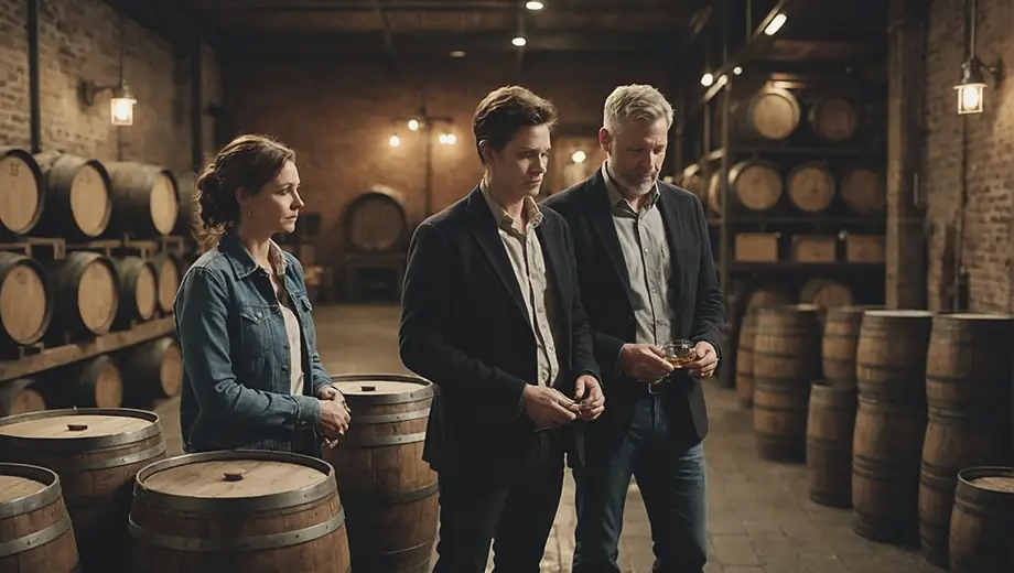 A customer and a professional stand together in a distillery, examining barrels of aging spirits while discussing the distillation process.