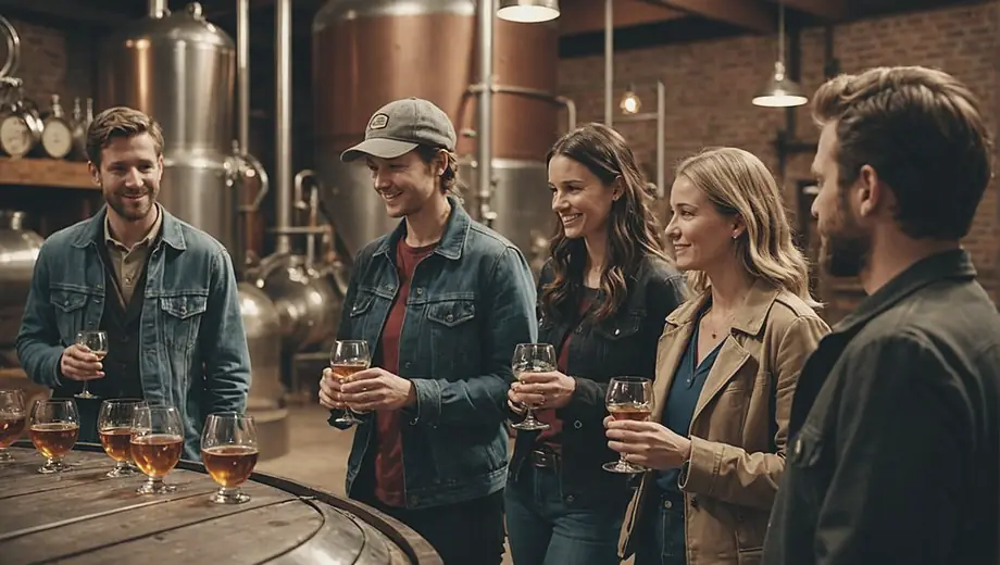 A group of friends enjoying a tour at a distillery, observing the fermentation process and sampling various spirits.