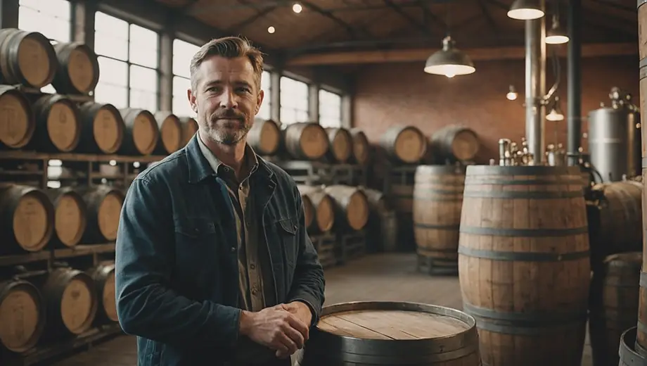 A spirits producer stands confidently in a well-lit distillery, surrounded by barrels and equipment, showcasing their passion for crafting high-quality beverages.