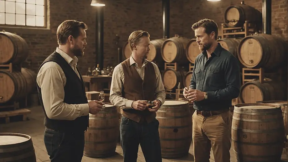 A customer and a professional guide engage in a discussion at a whiskey distillery, surrounded by barrels and copper stills, highlighting the craftsmanship of whiskey production.