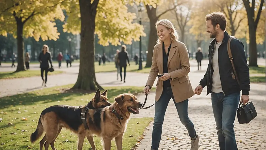 A customer and a professional dog walker are outside in a sunny park, with the customer smiling as they discuss the dog's walking schedule while the dog happily explores nearby.