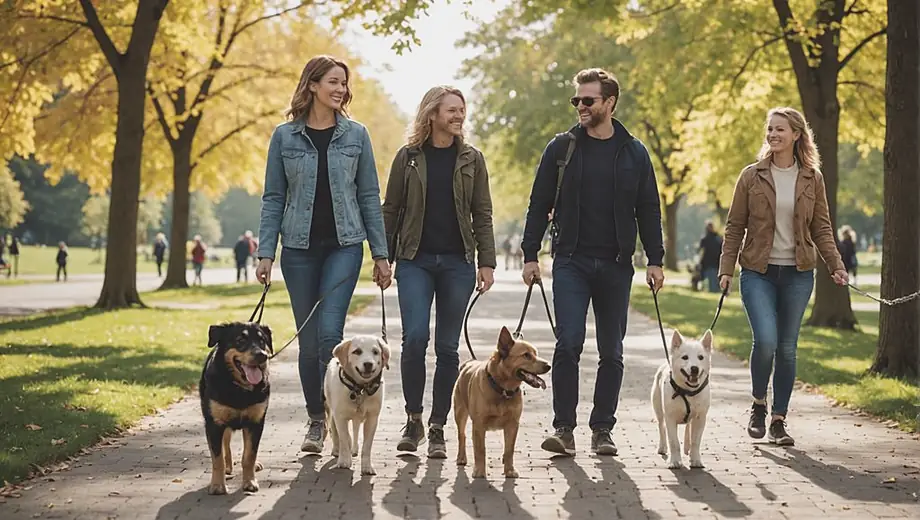 A group of people enjoying a sunny day at the park, each accompanied by a dog walking service professional, as they stroll along a scenic path with happy dogs on leashes.