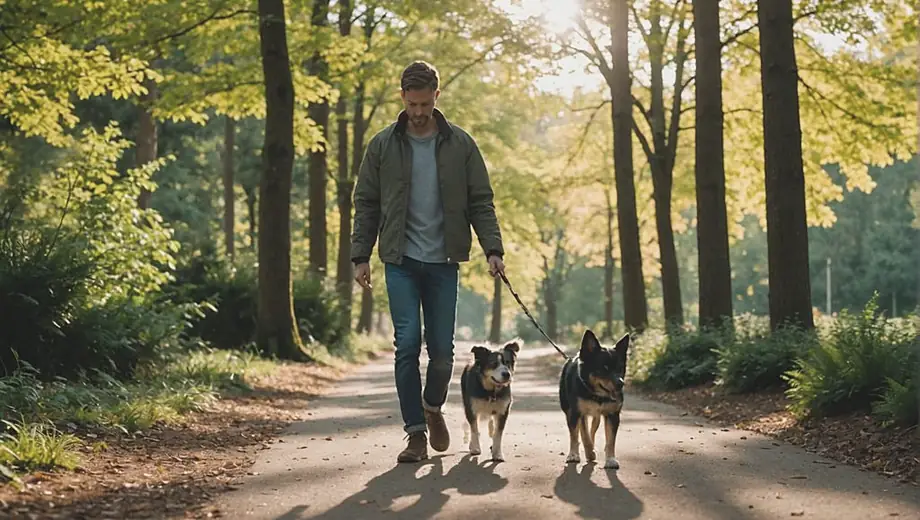 A person wearing a jacket and jeans is walking a dog on a sunny path surrounded by trees, enjoying a peaceful dog walking outing.