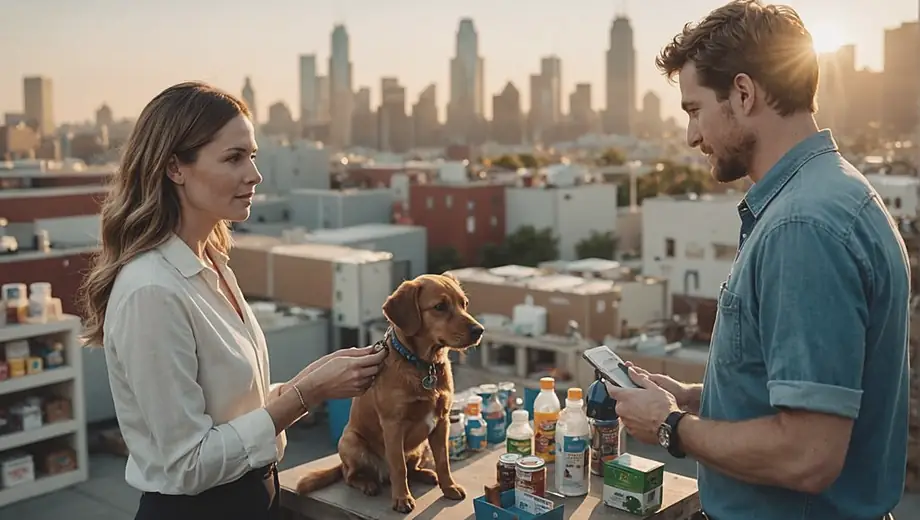A customer discusses pet care needs with a professional on site, surrounded by various pet supplies and equipment.
