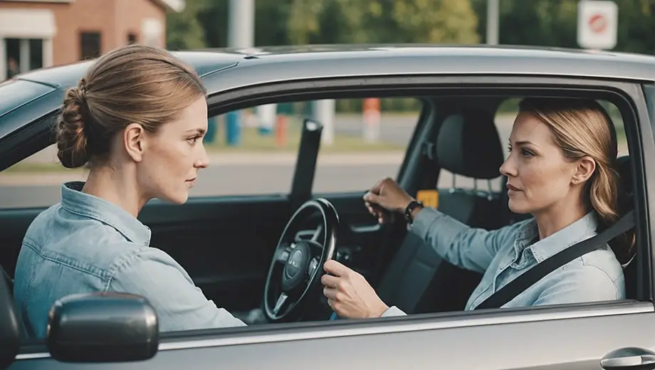 A customer and a professional instructor engage in a driving lesson at a driving school, with the instructor demonstrating safe driving techniques in a parked car.
