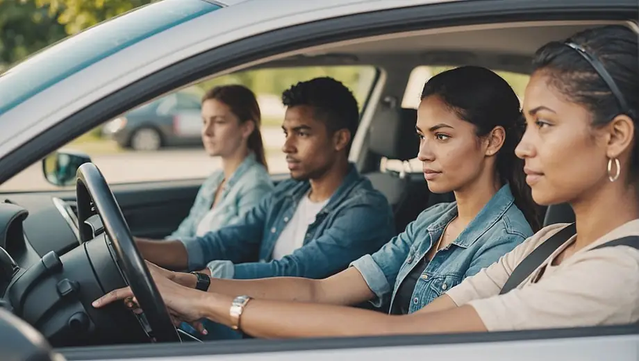 A diverse group of students practicing driving skills at a driving school, guided by an instructor in a parked car.