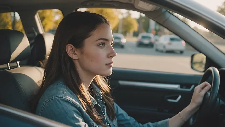A young woman sitting in a car, focused on the road ahead, as she participates in a driver's education lesson.