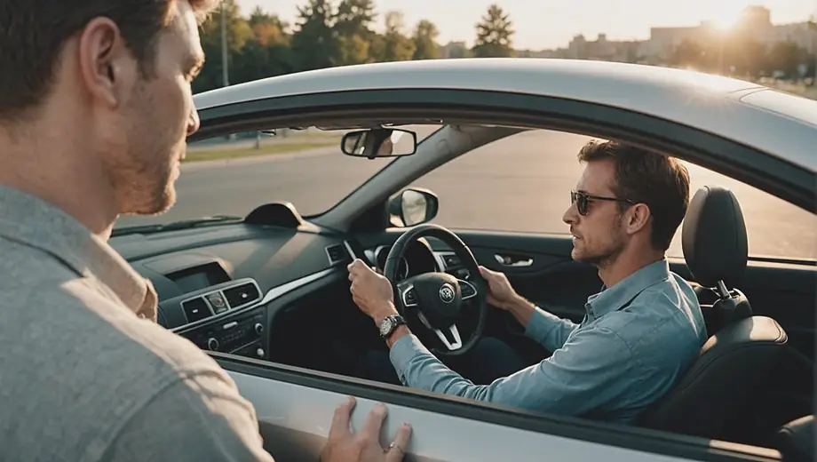 A customer receives personalized driving instruction from a professional instructor at a training facility, focusing on safe driving techniques and road awareness.