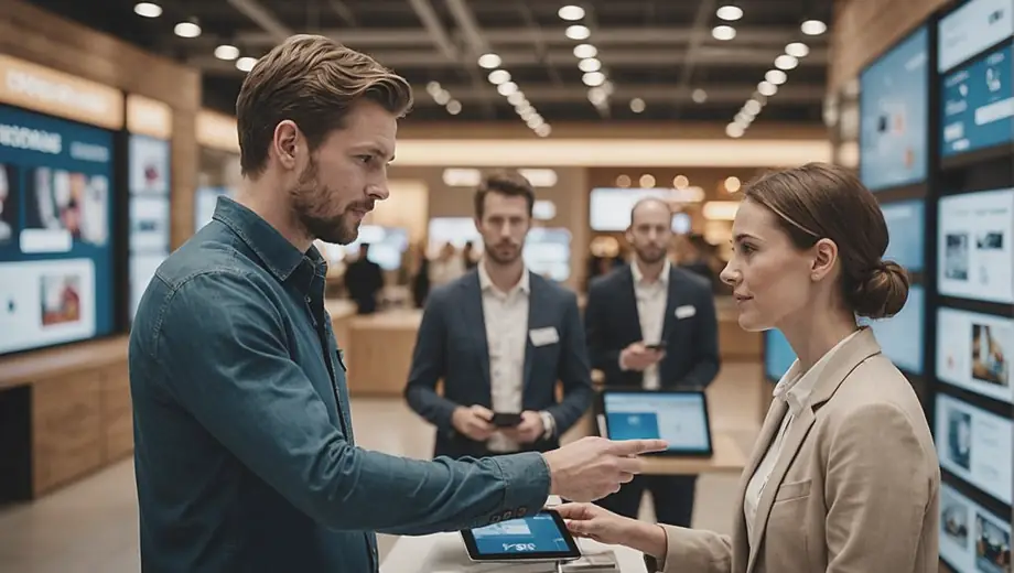 A customer and a professional discuss E-commerce strategies on-site, surrounded by digital displays and product samples, highlighting collaboration and innovation in the retail space.