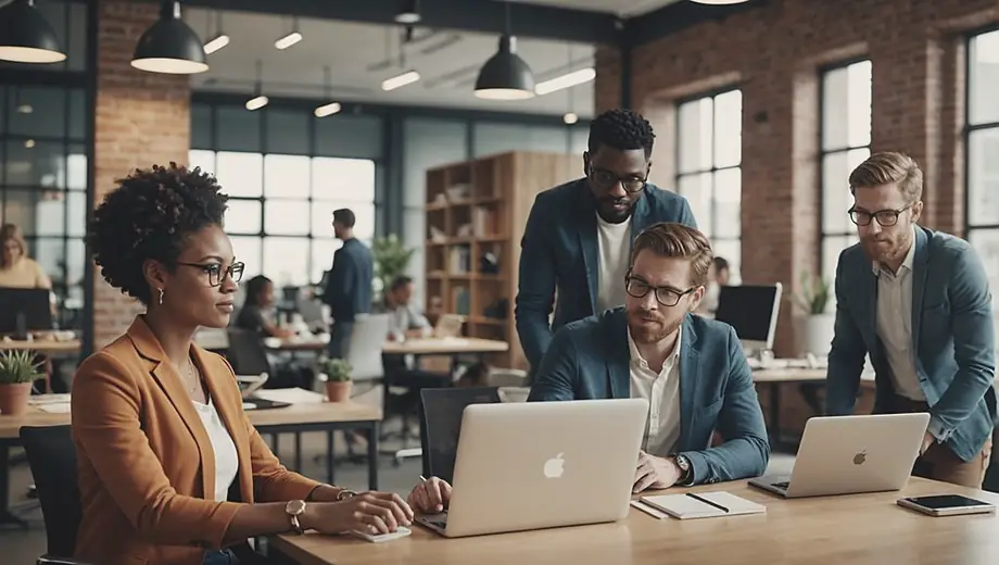 A diverse group of entrepreneurs collaborating in a modern office space, discussing strategies for their e-commerce business while analyzing data on laptops and tablets.