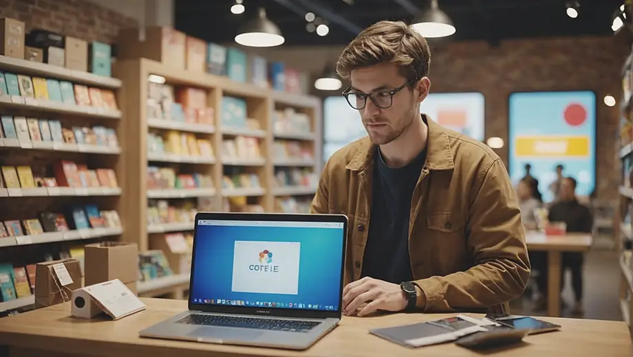 A person stands in front of a laptop, focused on managing their online store, surrounded by colorful product displays and packaging materials.