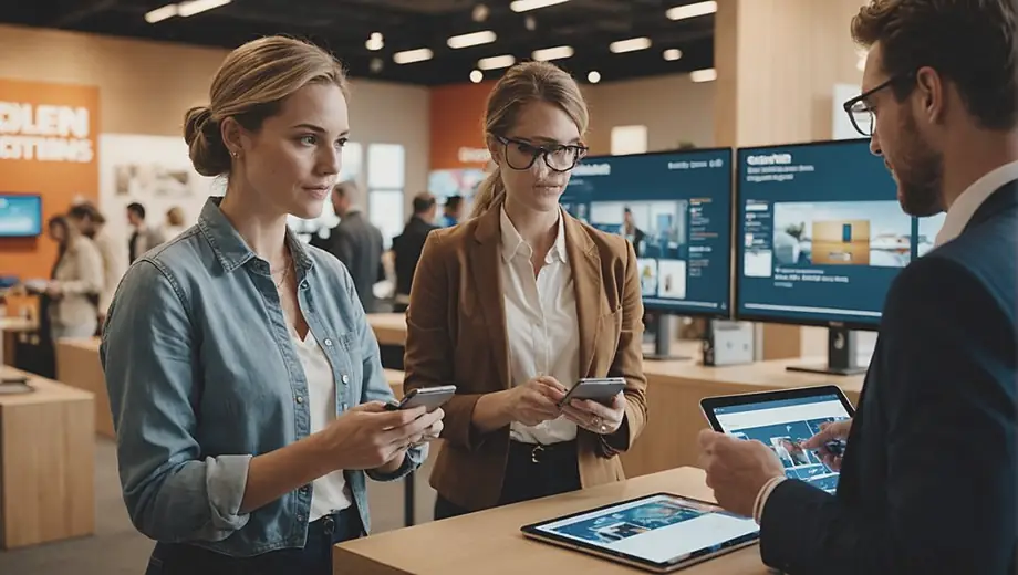 A customer and a professional engage in a discussion on-site, exploring options in a digital marketplace, surrounded by various digital devices and vibrant displays showcasing products and services.