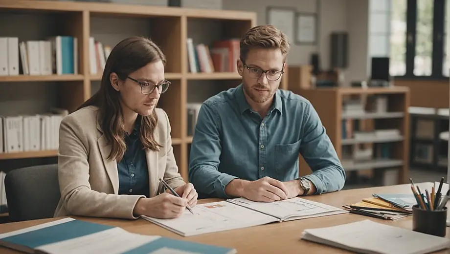 A customer and a professional engage in a discussion on-site, surrounded by educational materials and tools, emphasizing the importance of learning and collaboration in a practical environment.