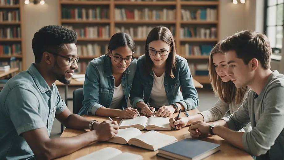 A diverse group of students engaged in a collaborative project at an educational institution, surrounded by books and technology, showcasing teamwork and learning.