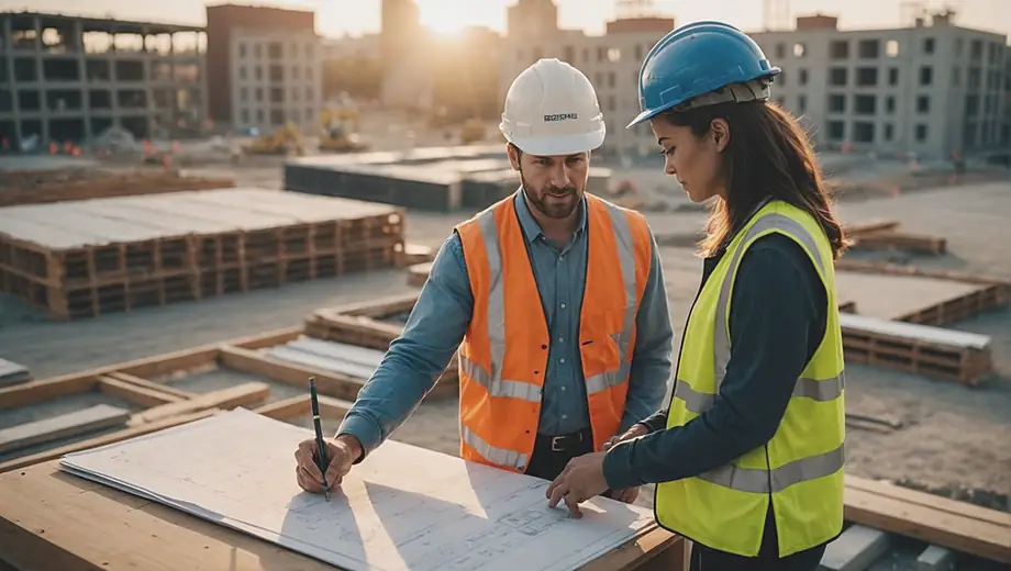 A customer and a professional discuss plans at a school construction site, surrounded by building materials and blueprints.