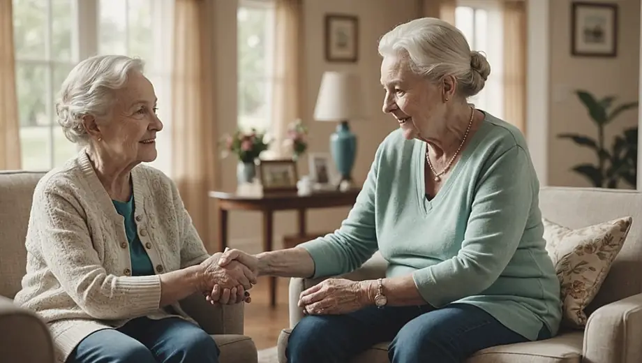 A professional caregiver assists an elderly customer in a bright, welcoming living room, discussing personalized elder care options while surrounded by comfortable furniture and family photos.