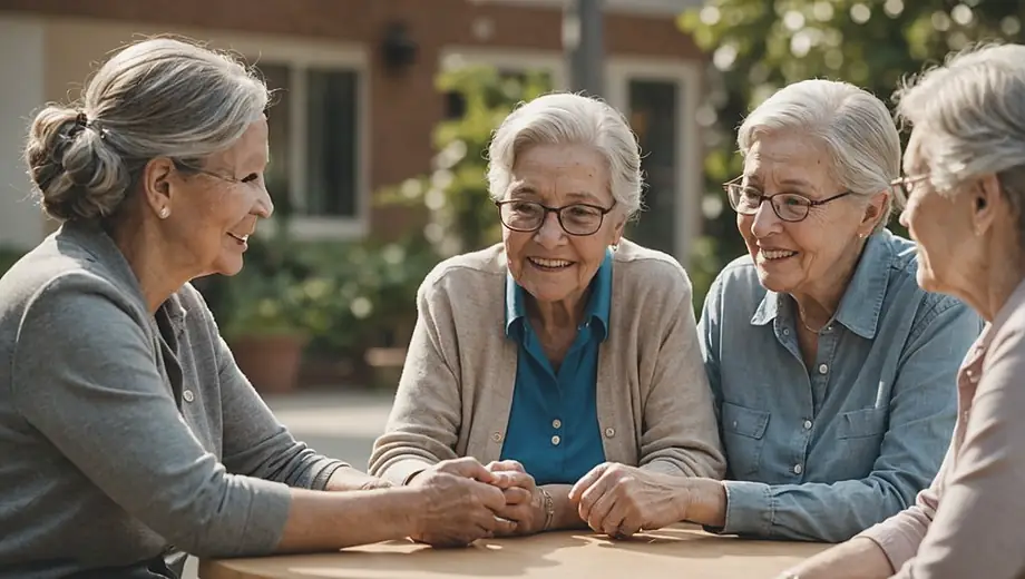 A diverse group of caregivers and elderly individuals engage in a warm conversation, showcasing the supportive environment of an elder care service.