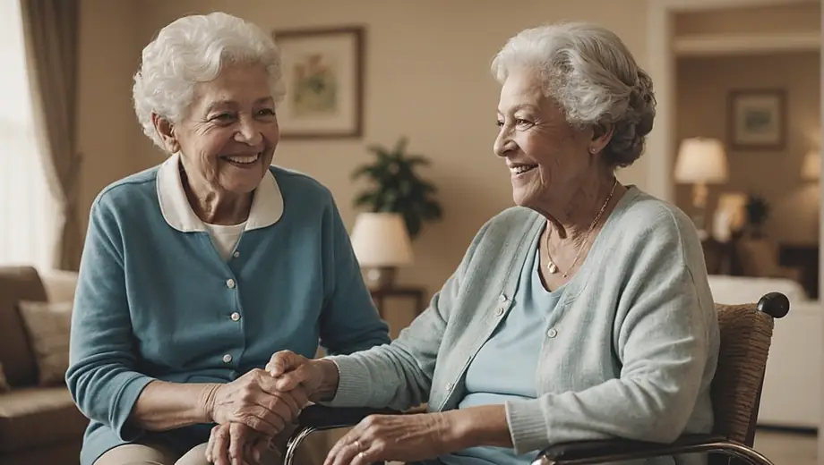 A caregiver smiling while assisting an elderly resident in a nursing home, surrounded by warm decor and comfortable furnishings.