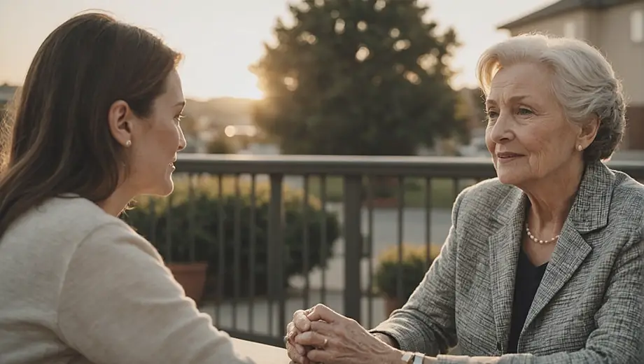A customer and a professional engage in a discussion on-site at an assisted living facility, showcasing a warm and supportive environment.