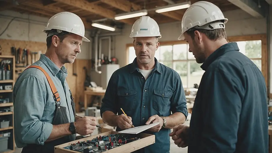 A customer discusses project details with a professional electrician on site, surrounded by tools and equipment.
