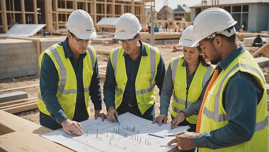 A diverse group of people collaborates on a construction site, with an electrical contractor reviewing blueprints and discussing plans with team members while installing wiring and fixtures.