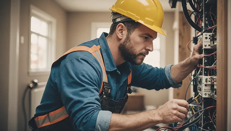 A skilled electrician is working on-site, focused on installing new wiring in a residential home.