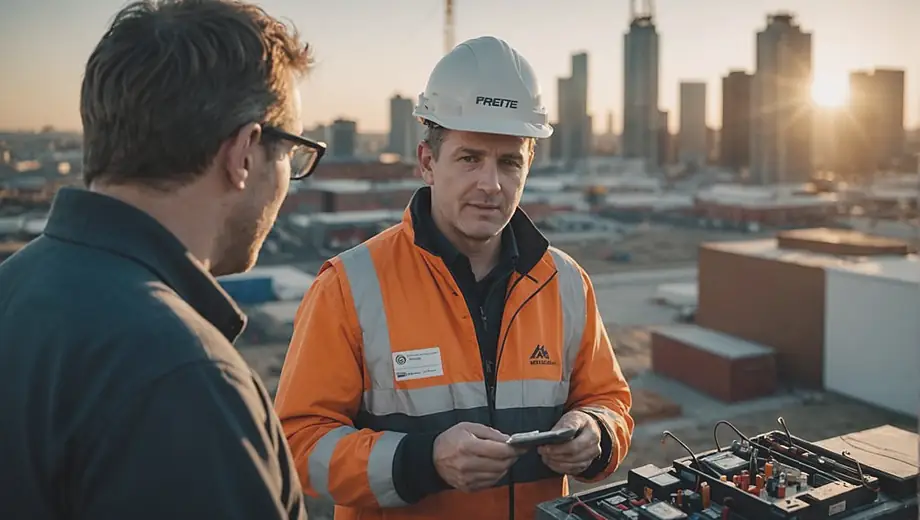 A customer discusses project details with a professional from an electrical company at a residential site, surrounded by tools and equipment.