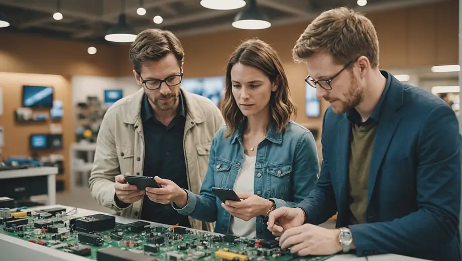 A customer and a professional discuss electronics on-site, examining various devices and components while engaged in a collaborative conversation.