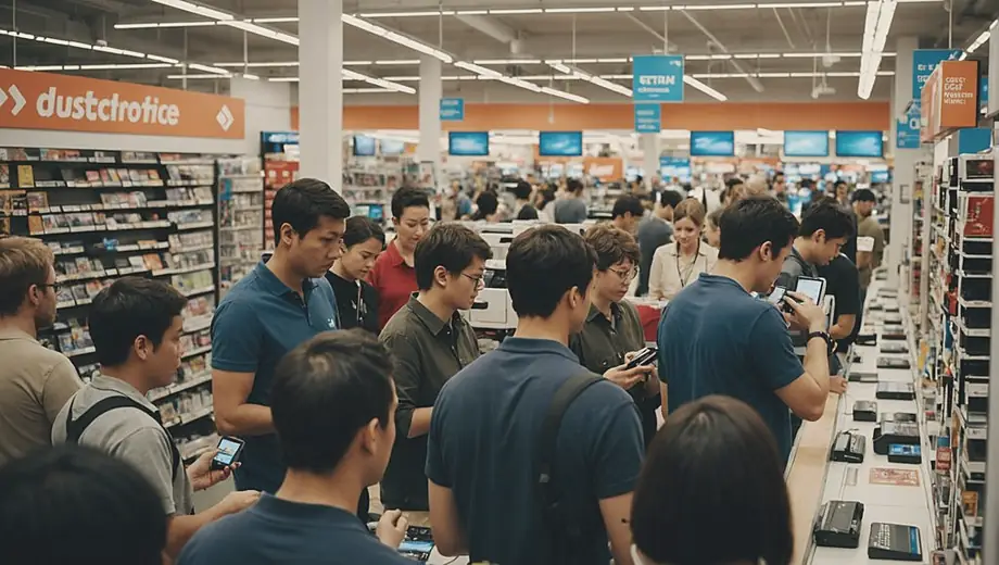 A diverse group of customers browsing the aisles of a bustling electronics store, examining gadgets and discussing features with staff members.