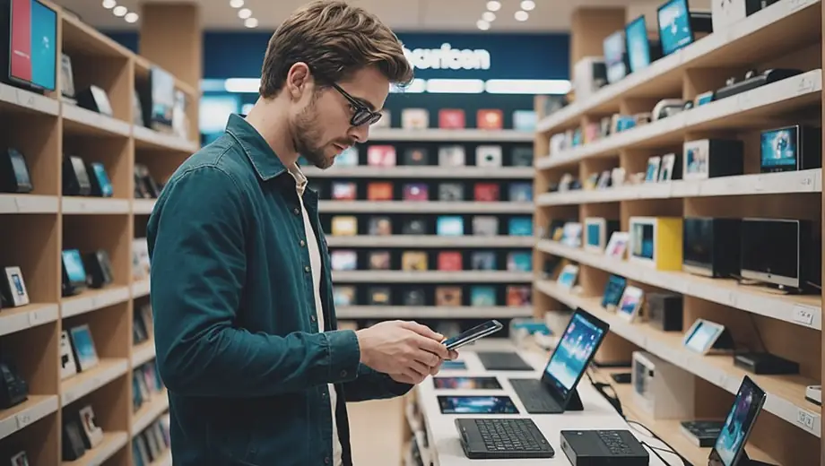 A person browsing through the latest tech products in a vibrant gadget store, surrounded by shelves filled with innovative devices and accessories.