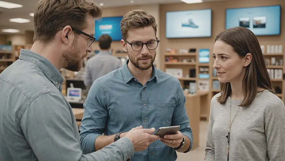 A customer and a professional from a tech retailer engage in a discussion at a store, with various electronic devices displayed in the background. The professional is demonstrating a product while the customer looks on attentively, showcasing a helpful shopping experience.