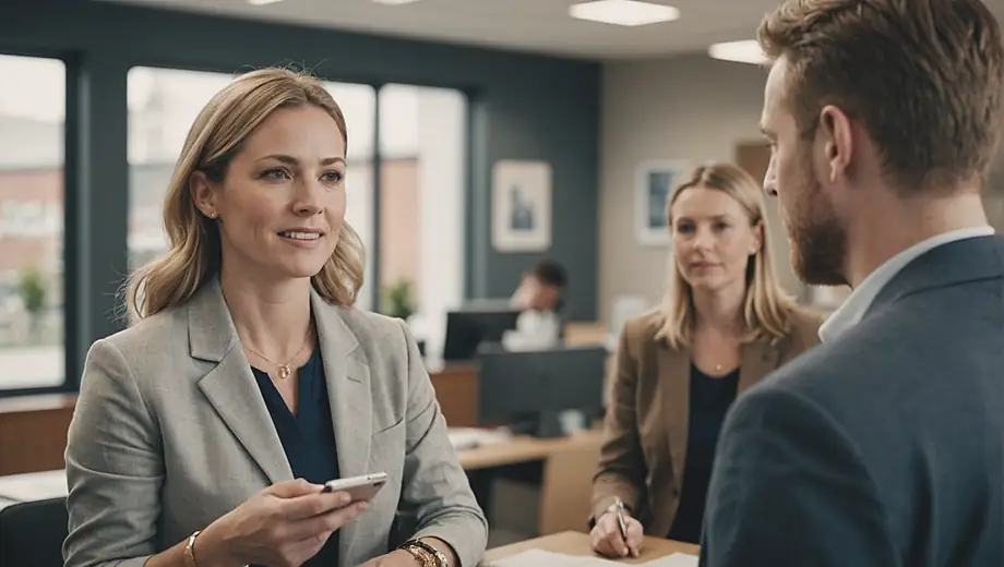 A customer and a professional engage in a discussion on-site, focusing on employment opportunities and solutions tailored to the client's needs.