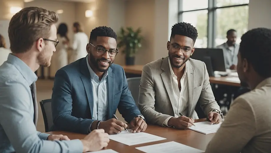 A diverse group of job seekers engaging with staff at an employment agency, discussing career opportunities and reviewing resumes in a welcoming office environment.