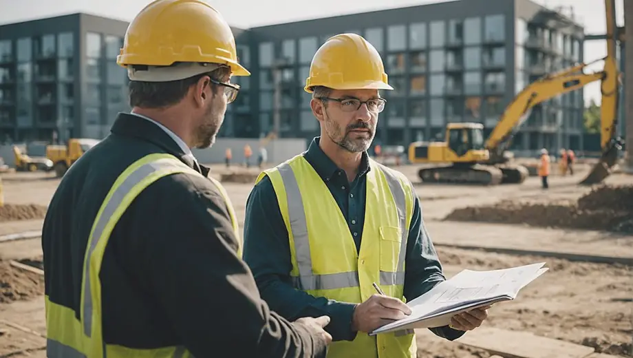 A professional individual stands confidently at a construction site, discussing plans with a colleague, showcasing the effectiveness of a staffing service in action.