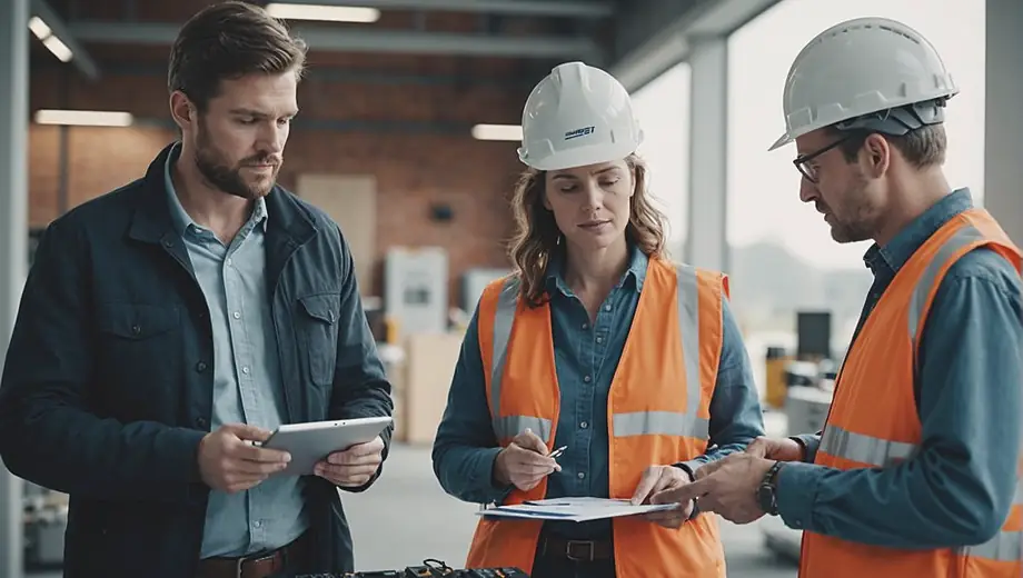 A customer and a professional discuss energy solutions on-site, examining equipment and reviewing plans in a bright, modern environment.