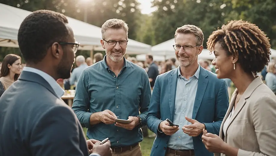 A diverse group of people discussing renewable energy solutions at an outdoor event hosted by an energy company.