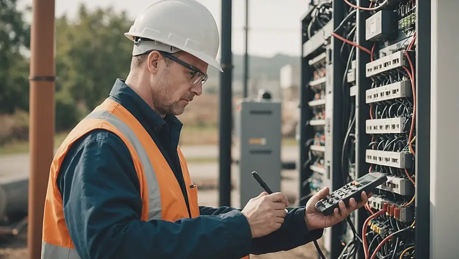 A technician from the power provider inspects electrical equipment at a utility site, ensuring safe and efficient operations.