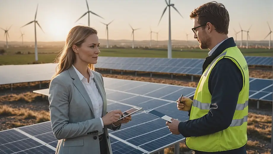 A customer and a professional discuss renewable energy solutions on-site, surrounded by solar panels and wind turbines, highlighting a collaborative approach to sustainable energy.
