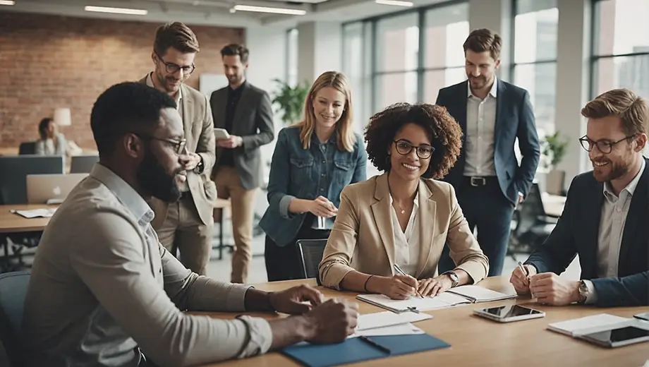 A diverse group of professionals collaborating in a modern office space, representing an enterprise company focused on innovation and teamwork.