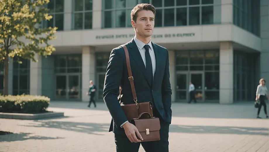A professional standing confidently in front of a large business building, with a briefcase in hand and a determined expression.