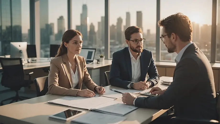 A customer and a professional discuss project details on site at a corporate enterprise, surrounded by modern office equipment and collaborative workspaces.