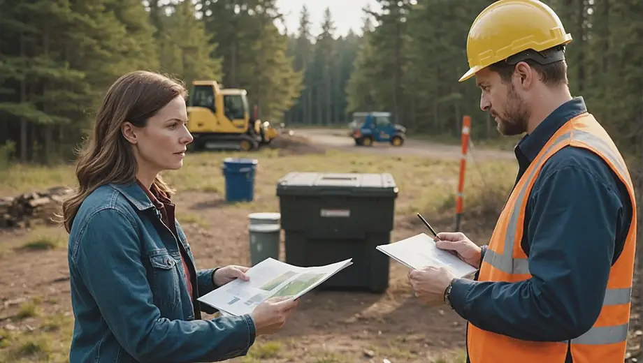 A customer and a professional engage in a discussion on-site, reviewing environmental impact assessments as part of their environmental consulting project. The setting includes natural landscapes and equipment for data collection.