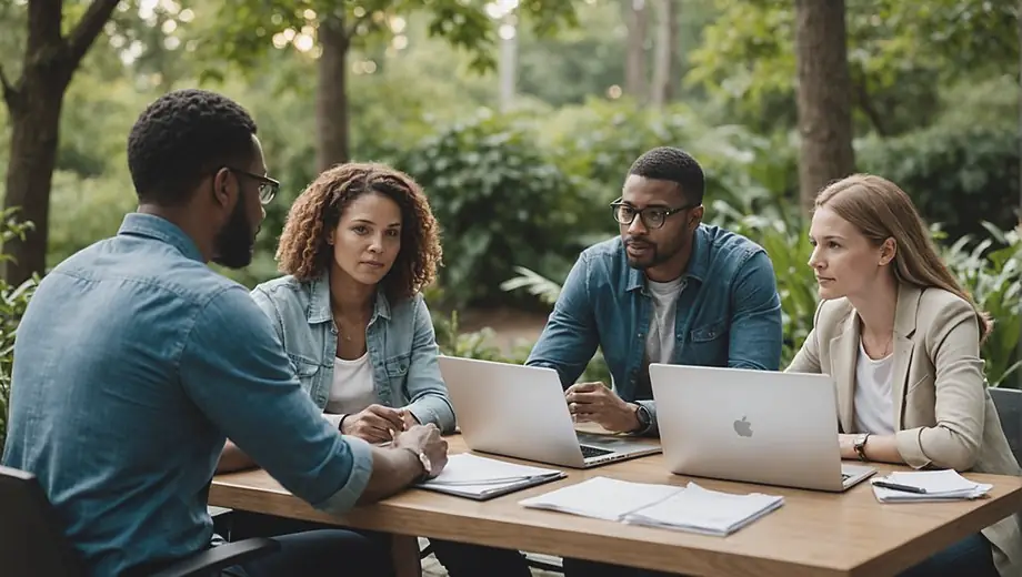 A diverse group of professionals engaged in environmental consulting, discussing strategies around a table with laptops and documents, surrounded by greenery and natural light.